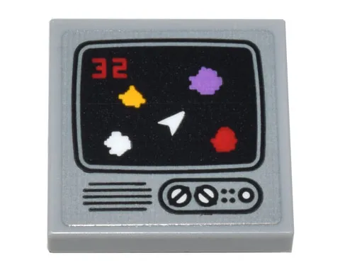 Tile, Modified 2 x 2 Inverted with Computer Monitor Asteroids Game, Red '32' Score on Screen and White Button and Dials Pattern (Sticker) - Set 10306