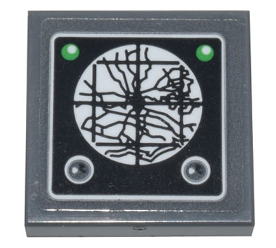 Tile, Modified 2 x 2 Inverted with Black Radar Tracker Display Map, 2 Green Circles, and 2 Dark Bluish Gray Circles Pattern (Sticker) - Set 10262