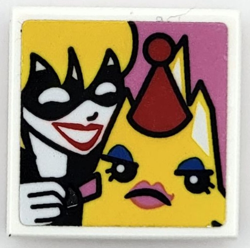 Tile, Modified 2 x 2 Inverted with Yellow Kryptomite Wearing Red Party Hat and Harley Quinn with Lipstick Pattern (Sticker) – Set 41236