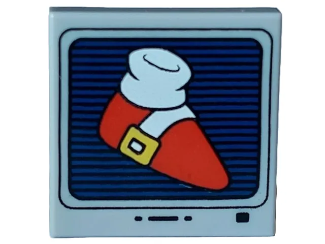 Tile, Modified 2 x 2 Inverted with Red Shoe with Yellow Buckle and White Sock on Black and Dark Blue Striped Screen with Buttons Pattern (Sonic the Hedgehog Power Sneakers Item Box)