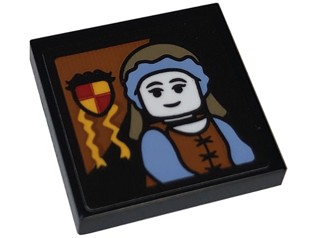 Tile, Modified 2 x 2 Inverted with Portrait of Female Minifigure and Gryffindor Crest on Dark Orange Triangle Pattern (Sticker) - Set 76409