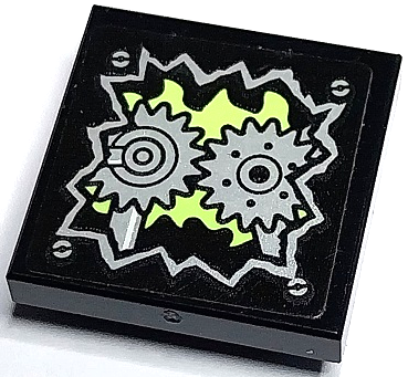 Tile, Modified 2 x 2 Inverted with Silver Exposed Gears, Screws and Yellowish Green Flames Pattern (Sticker) - Set 70430