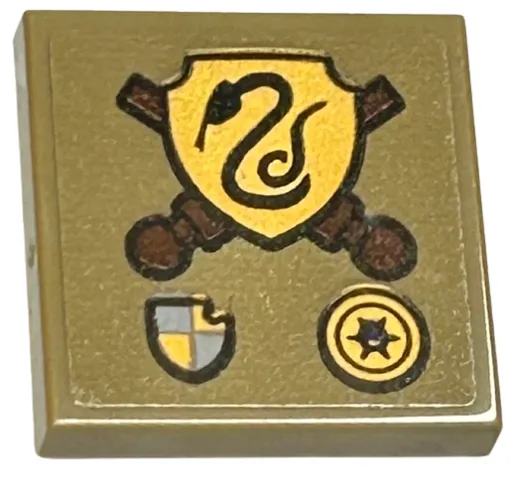 Tile, Modified 2 x 2 Inverted with Reddish Brown Crossed Wands, Gold Slytherin Crest and Symbols Pattern (Sticker) - Set 76410