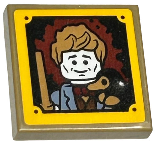 Tile, Modified 2 x 2 Inverted with Newt Scamander Minifigure Portrait with Wand and Niffler in Bright Light Orange Frame Pattern (Sticker) - Set 76412