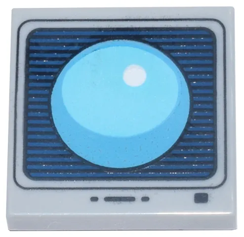 Tile, Modified 2 x 2 Inverted with Medium Azure and Dark Azure Sphere on Black and Dark Blue Striped Screen with Buttons Pattern (Sonic the Hedgehog Shield Item Box)