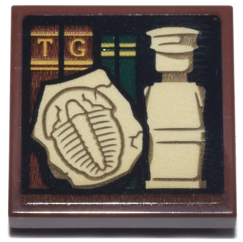 Tile, Modified 2 x 2 Inverted with Reddish Brown and Dark Green Books, Gold Trim and Letters T and G, Tan Legoland Minifigure and Trilobite Fossil Pattern (Sticker) - Set 21355