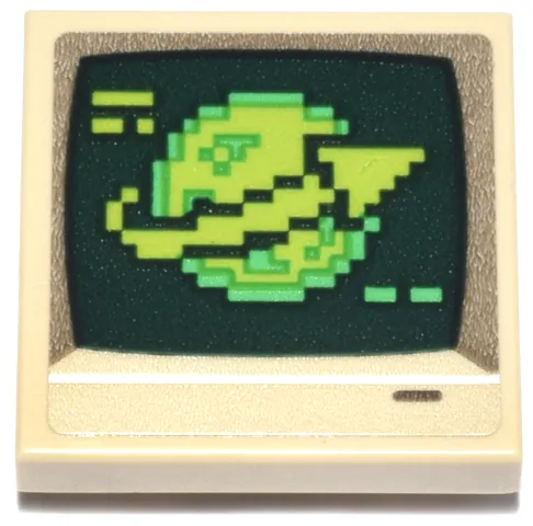 Tile, Modified 2 x 2 Inverted with Computer Monitor, Dark Green Screen, Lime and Bright Green Pixelated Planet and Arrow Pattern (Sticker) - Set 21355