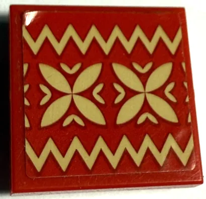 Tile, Modified 2 x 2 Inverted with Tan Zigzags and Geometric Flowers Pattern (Sticker) - Set 43183