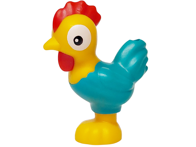 Chicken, Moana with Scalloped Base with Molded Dark Turquoise Tail Feathers, Red Comb and Wattle and Printed Black and White Eyes Pattern (Heihei)