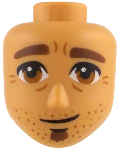 Mini Doll, Head Friends Male Large with Reddish Brown Thick Eyebrows and Goatee, Dark Orange Eyes, Stubble and Wrinkles, Lopsided Closed Mouth Pattern