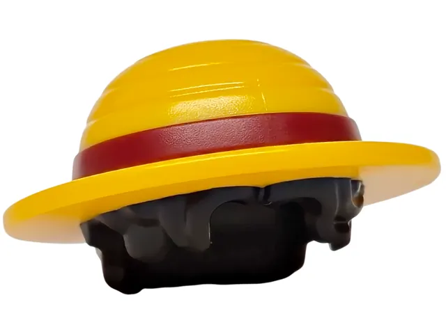 Minifigure, Hair Combo, Hat with Hair, Straw Hat with Molded Dark Red Band and Black Short Hair Pattern