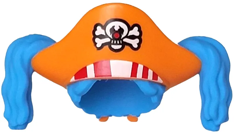 Minifigure, Hair Combo, Pirate Hat with Bandana with Molded Flexible Rubber Dark Azure Hair with Ponytails and Printed Red and White Stripes, Skull and Crossbones (Jolly Roger) Pattern