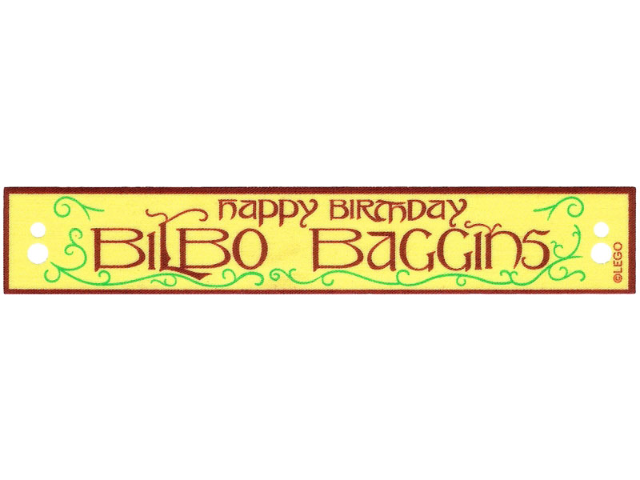 Cloth Banner Flag Rectangle with Dark Red Stylized 'HAPPY BIRTHDAY BILBO BAGGINS' and Bright Green Filigree Pattern