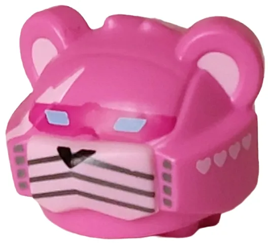 Minifigure, Head, Modified Robot with Ears with Molded Bright Pink Muzzle, Lightning Bolt and Inner Ears and Printed Hearts, Magenta Visor, Bright Light Blue Lenses, Black Nose, Pearl Dark Gray Squares and Whiskers Pattern