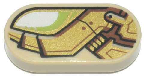Tile, Round 1 x 2 Oval with White and Lime Eye, Gold and Reddish Brown Mechanical Armor Plates Pattern Model Left Side
