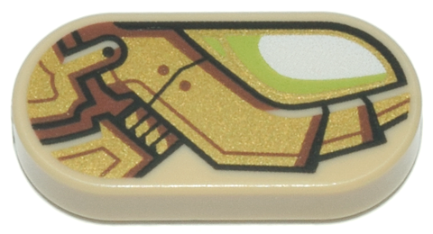 Tile, Round 1 x 2 Oval with White and Lime Eye, Gold and Reddish Brown Mechanical Armor Plates Pattern Model Right Side