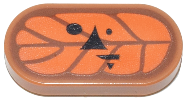 Tile, Round 1 x 2 Oval with Orange and Dark Orange Leaf with Black Eyes, Nose and Mouth Pattern (The Legend of Zelda Korok Hollo Face)