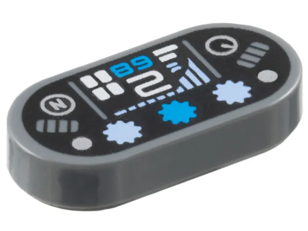 Tile, Round 1 x 2 Oval with Dashboard with Dark Azure '89' / '68', White Number 2, Silver Capital Letter N in Circle, Dots and Gauge, Bright Light Blue Bar Graph and Lights on Black Background Pattern