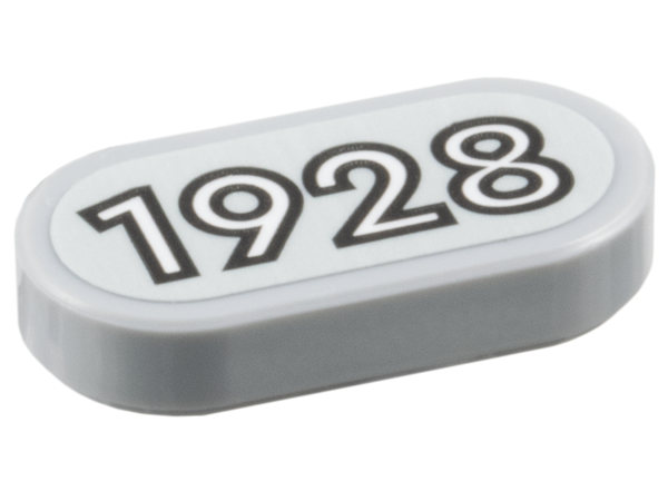 Tile, Round 1 x 2 Oval with Black Outline White '1928' Pattern (Sticker) - Set 910039