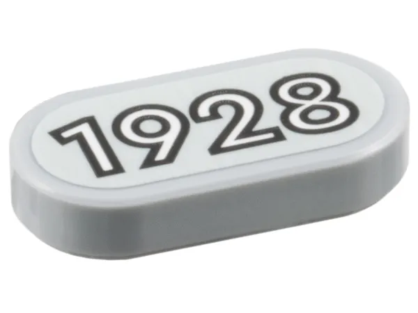 Tile, Round 1 x 2 Oval with Black Outline White '1928' Pattern (Sticker) - Set 910039
