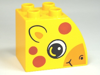 Duplo, Brick 2 x 3 x 2 Slope Curved with Circled Black Eye with Arc, Ear, Smile, Bright Light Orange Snout, and Dark Orange Spots, Giraffe Head Pattern on Both Sides
