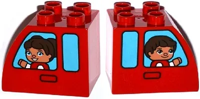 Duplo, Brick 2 x 3 x 2 Slope Curved with Door Handles and Medium Azure Vehicle Windows with Girl / Boy Pattern