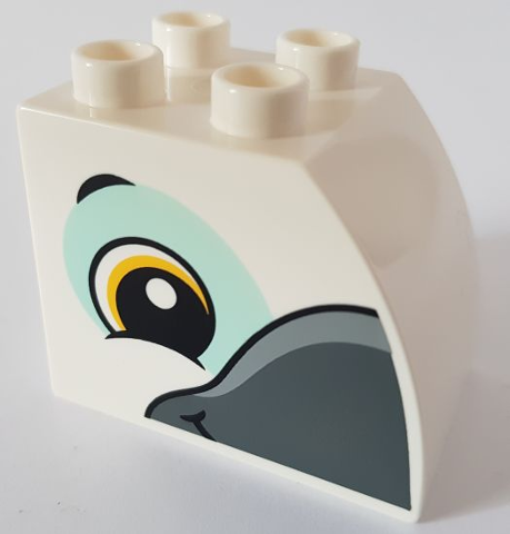 Duplo, Brick 2 x 3 x 2 Slope Curved with Circled Black Eye with Yellow Highlight, Dark Bluish Gray Beak, and Light Aqua Eye Shadow, Bird Head Pattern on Both Sides