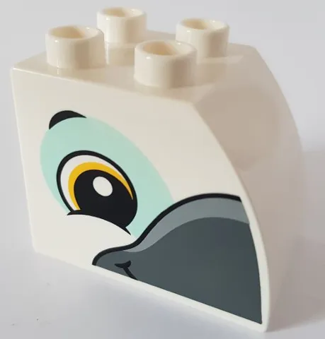 Duplo, Brick 2 x 3 x 2 Slope Curved with Circled Black Eye with Yellow Highlight, Dark Bluish Gray Beak, and Light Aqua Eye Shadow, Bird Head Pattern on Both Sides
