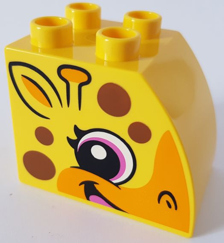 Duplo, Brick 2 x 3 x 2 Slope Curved with Circled Black Eye with Dark Pink Highlight, Ear, Ossicone, Smile with Tongue, Bright Light Orange Snout, and Dark Orange Spots, Giraffe Head Pattern on Both Sides