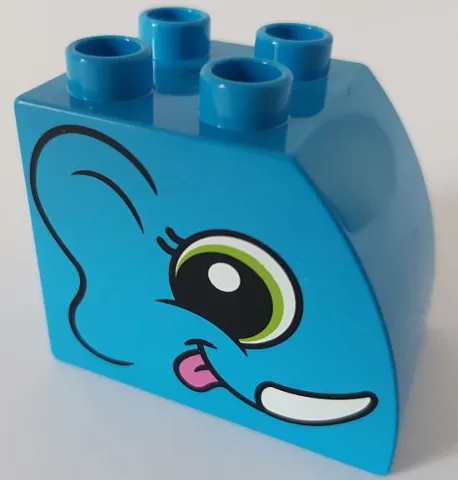 Duplo, Brick 2 x 3 x 2 Slope Curved with Circled Black Eye with Lime Highlight, Ear, Smile, Dark Pink Tongue, and White Tusk, Elephant Head Pattern on Both Sides