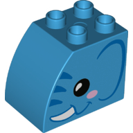 Duplo, Brick 2 x 3 x 2 Slope Curved with Black Eye, Bright Pink Cheek, White Tusk, and Blue Stripes, Ear, and Smile, Elephant Head Pattern on Both Sides