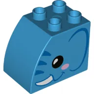 Duplo, Brick 2 x 3 x 2 Slope Curved with Black Eye, Bright Pink Cheek, White Tusk, and Blue Stripes, Ear, and Smile, Elephant Head Pattern on Both Sides