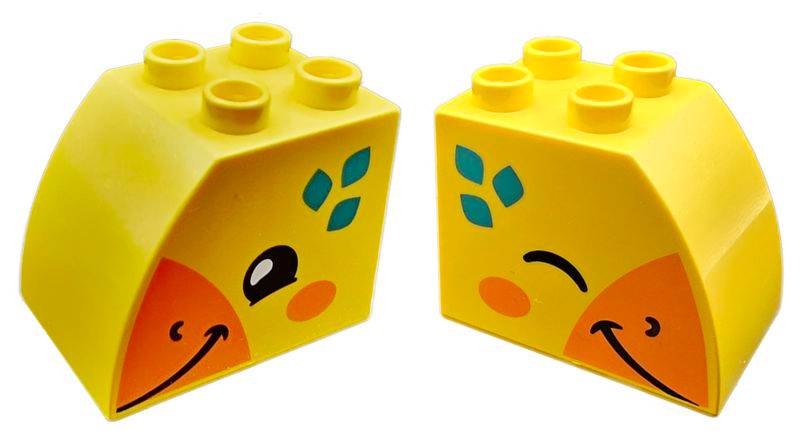 Duplo, Brick 2 x 3 x 2 Slope Curved with Dark Azure Feathers, Orange Beak and Cheeks, Black Eyes, Smile, and Nostrils, Rooster Head Pattern