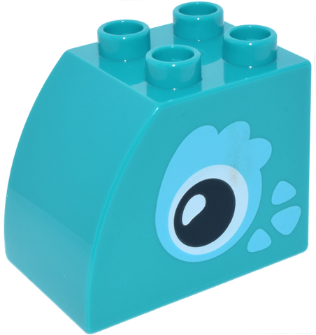 Duplo, Brick 2 x 3 x 2 Slope Curved with Black and White Eye, Medium Azure Patch and Dinosaur Scales Pattern on Both Sides