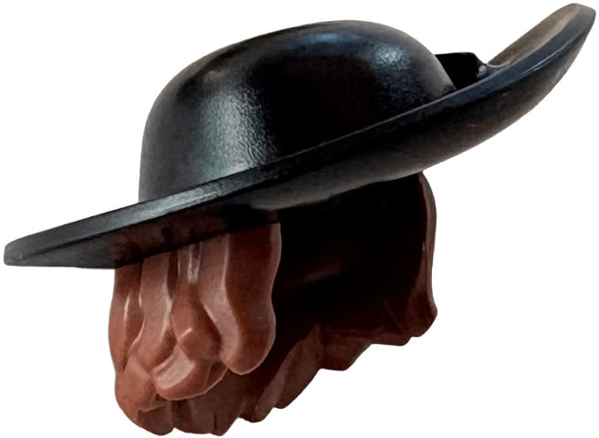 Minifigure, Hair Combo, Hair with Hat, Short Wavy Hair with Molded Black Wide Brim with Hole for Pin Pattern