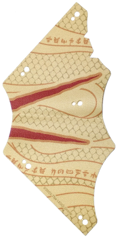 Cloth Sail 8 1/2 x 18 with Dark Red and Dark Orange Stripes, Repeating Ninjago Logogram 'TEMPLE BOUNTY' and Dark Tan Scales Pattern Model Left Side