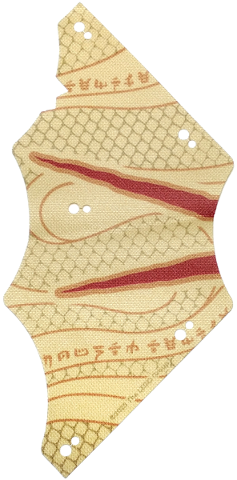 Cloth Sail 8 1/2 x 18 with Dark Red and Dark Orange Stripes, Repeating Ninjago Logogram 'TEMPLE BOUNTY' and Dark Tan Scales Pattern Model Right Side