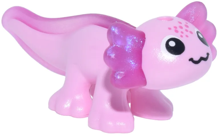 Salamander, Friends Style, Axolotl with Molded Satin Trans-Dark Pink Fin and Gills and Printed Black Eyes and Mouth, Dark Pink Spots Pattern