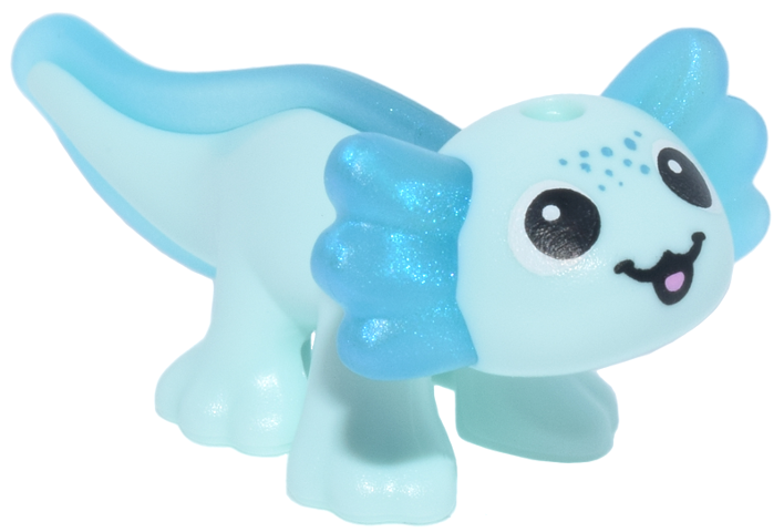 Salamander, Friends Style, Axolotl with Molded Satin Trans-Light Blue Fin and Gills and Printed Black Eyes and Mouth, Dark Turquoise Spots, Bright Pink Tongue Pattern