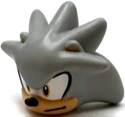 Minifigure, Head, Modified Hedgehog, Silver with Molded Light Nougat Face and Inner Ears and Printed Bright Light Orange Eyes on White Background, Black Nose and Mouth Pattern