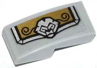 Slope, Curved 2 x 1 x 2/3 with Gold and Silver Armor Plate with Lion Head and Black Swirls Pattern Model Left Side (Sticker) - Set 70123