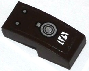 Slope, Curved 2 x 1 x 2/3 with White Alien Characters, Silver Filler Cap and Rivets Pattern Model Left Side (Sticker) - Set 70145