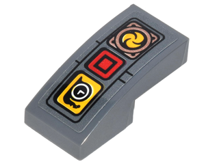 Slope, Curved 2 x 1 x 2/3 with Panel with Red Box, Yellow Box with Clock, and Circle with Propeller Pattern (Sticker) - Set 70626