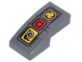 Slope, Curved 2 x 1 x 2/3 with Panel with Red Box, Yellow Box with Clock, and Circle with Propeller Pattern (Sticker) - Set 70626