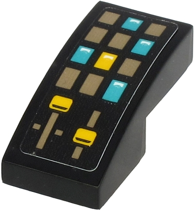 Slope, Curved 2 x 1 x 2/3 with Control Panel with Dark Tan, Dark Turquoise and Yellow Rectangle Buttons and Sliders Pattern (Sticker) - Set 71705