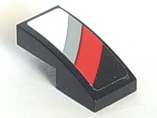 Slope, Curved 2 x 1 x 2/3 with Light Bluish Gray, Red and White Diagonal Stripes on Black Background Pattern Model Left Side (Sticker) - Set 75887