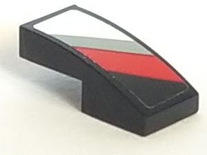 Slope, Curved 2 x 1 x 2/3 with Light Bluish Gray, Red and White Diagonal Stripes on Black Background Pattern Model Right Side (Sticker) - Set 75887