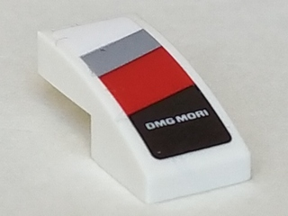 Slope, Curved 2 x 1 x 2/3 with 'DMG MORI' on Light Bluish Gray, Red and Black Diagonal Stripes Pattern Model Right Side (Sticker) - Set 75887