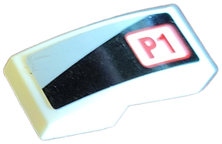Slope, Curved 2 x 1 x 2/3 with Light Bluish Gray Triangle and Red 'P1' on Black Background Pattern Model Left Side (Sticker) - Set 75872