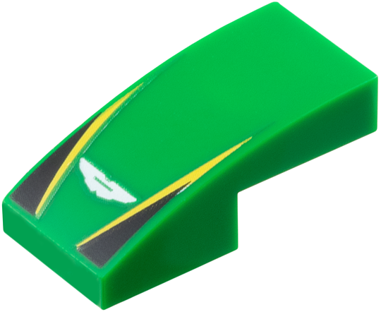 Slope, Curved 2 x 1 x 2/3 with White Aston Martin Logo, Yellow Stripes, Black Triangles Pattern